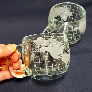 VTG Nestle Globe Glass Cups Etched Continents Country HEAVY NICE Coffee Collect